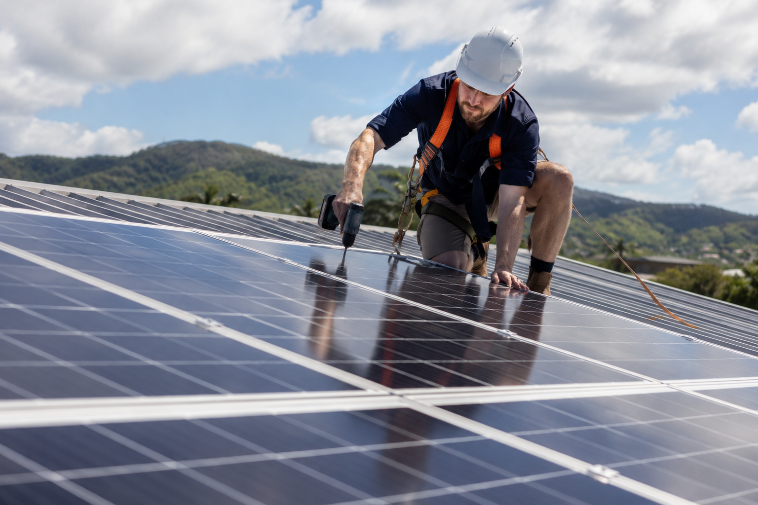 Solar PV installer working safely on a rooftop solar panel system