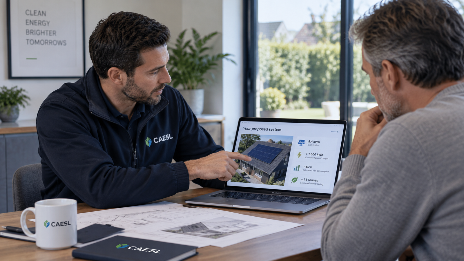 CAESL solar consultant explaining a proposed solar panel system to a homeowner